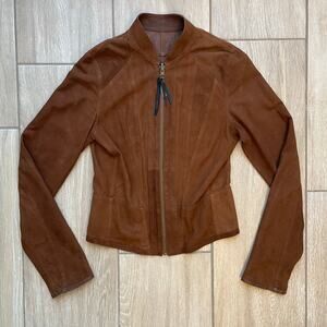 Rare Trends Y2K Brown Suede Leather Jacket Womens XS Fitted Cropped Moto